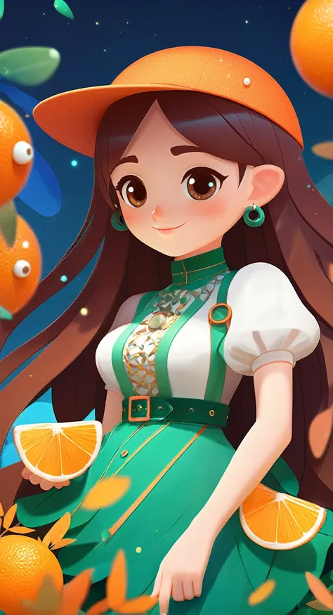 a work of art, of, 2d game art style, characterized girl, Dmitry Vishnevsky, orange and emerald, cute and dreamy, editorial illustrations, zeiss batis 18mm f/2.8