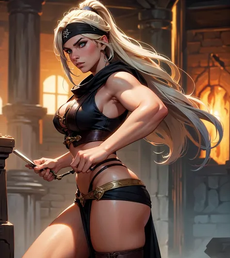 (((Solo character image.))) (((Generate a single character image.))) (((Dresses like a sexy pirate crew member with a black headband.))) Generate a strong piece of medieval fantasy art.Looks like female bodybuilder Megan Avalon. Blonde bombshell. Medieval ...