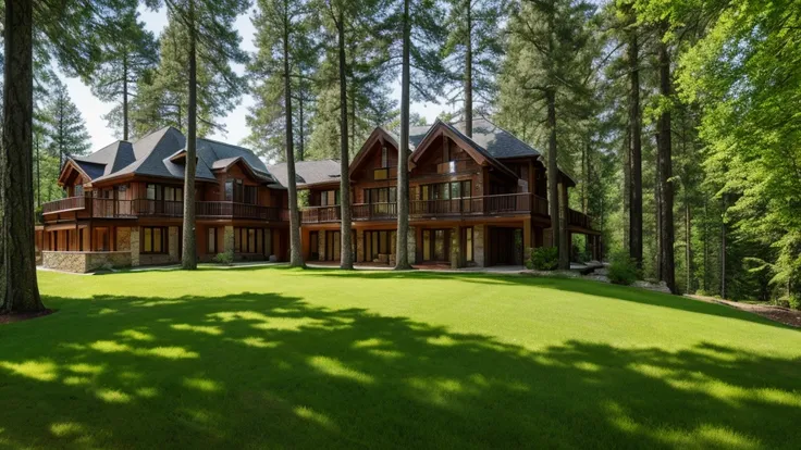 Luxury house in the middle of the woods, wide view of nature, realistic, 8k
