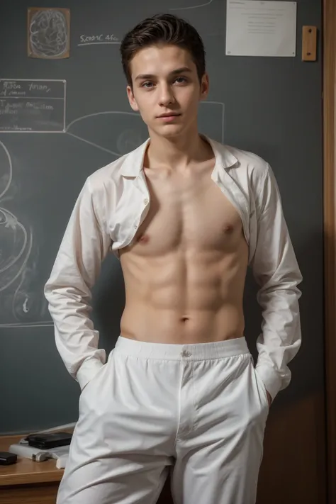 A beautiful young man, male, a cute twink, with black hair, wearing a long-sleeved white shirt and aquamarine blue pants, and he is in his scientific office, and behind him is a blackboard with the shape of the brain and its anatomy written on it, and next...