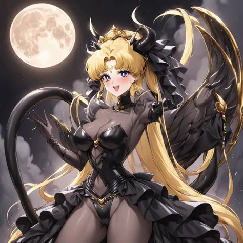 ((Highest quality)), ((masterpiece)), (detailed), （Perfect Face）、The woman is the demon queen Princess Serenity having sex with the demon king, and the woman is the jet black, sexy demon princess Serenity、The woman is a jet-black female demon with magnific...