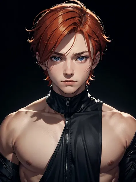 A boy, short ginger hair, wearing black clothes, black eyes, high res, ultrasharp, 8K, masterpiece, looking at viewer