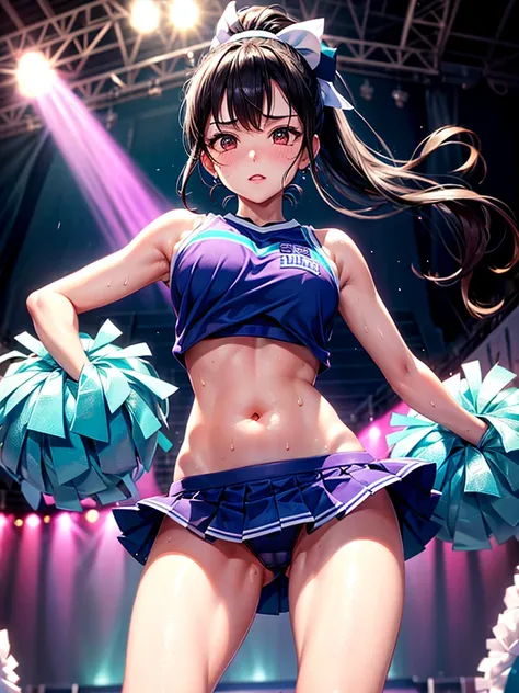 Highest quality,Highest Resolution,Beautiful cheerleader girl with pom-poms,Sweat flying,Big eyes,Belly button,Underwear that becomes transparent due to sweat,Black hair ponytail,Diagonally below,Arena,support,