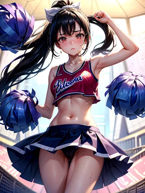 Highest quality,Highest Resolution,Beautiful cheerleader girl with pom-poms,Sweat flying,Big eyes,Belly button,Underwear that becomes transparent due to sweat,Black hair ponytail,Diagonally below,Arena,support,