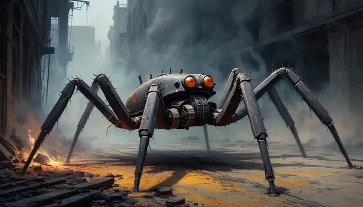 concept art, car_ walker Clockworkspider from the First World War. Oil painting trend, muted colors, slate tones, brush strokes, puffy marks, hydraulics, sharp areas next to smooth, dark next to light, soft next to hard, explosion of colorful paint, ridges...