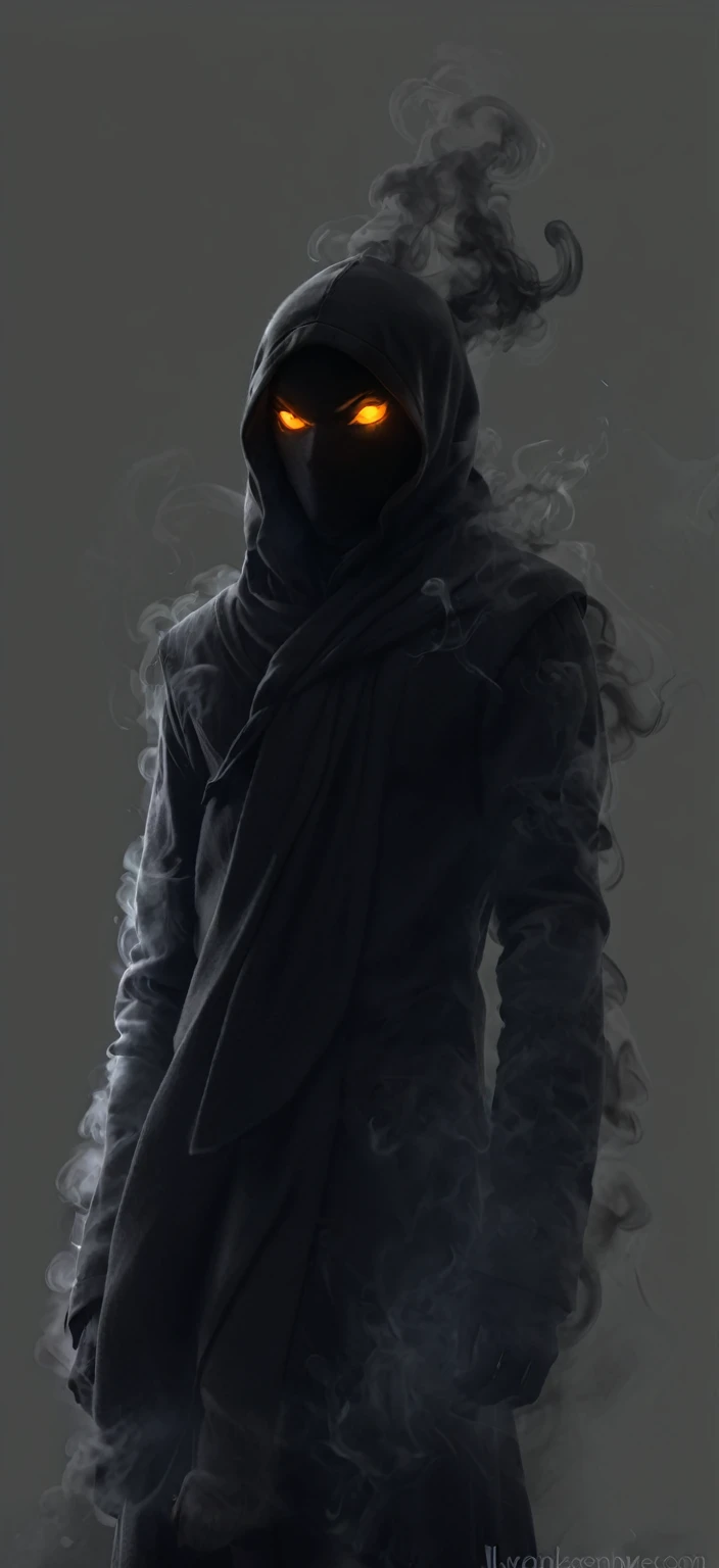 black character, made of smoke, black smoke, glowing eyes