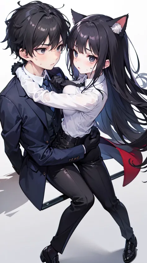 18-year-old Shota，cute，Wear a white long-sleeved shirt and a black work tie，Wear black pants，Wear black booties，Wear white gloves，wear cat ear，Black hair，Black eyes，Very thin waist，Very thin legs，Handsome，Disdainful and cold expression，shy，blush，Sweating，p...