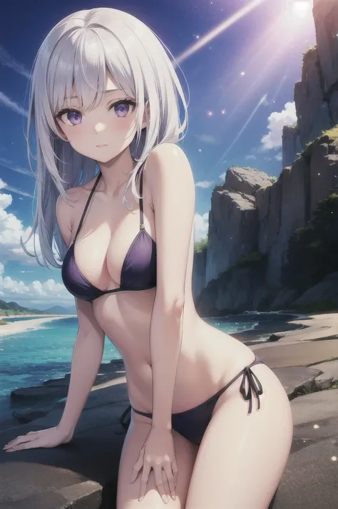 a beautiful girl with white hair and purple eyes, wearing a bikini on the beach, with soft particles and rays of light, digital wallpaper