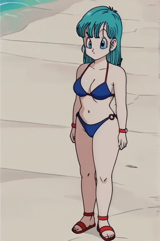 source_anime, score_9, score_8_up, score_7_up, anime screencap, 
 bulma (dragonball), 1girl, solo, On the beach, with a sexy bikini, full body, big ass