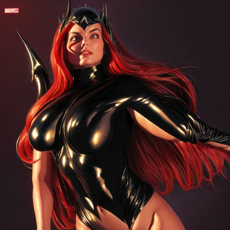 Beautiful 18 year old girl with flowing red hair, big breast, Goblin Queen of the X-Men in dynamic heroic pose, in black bikini