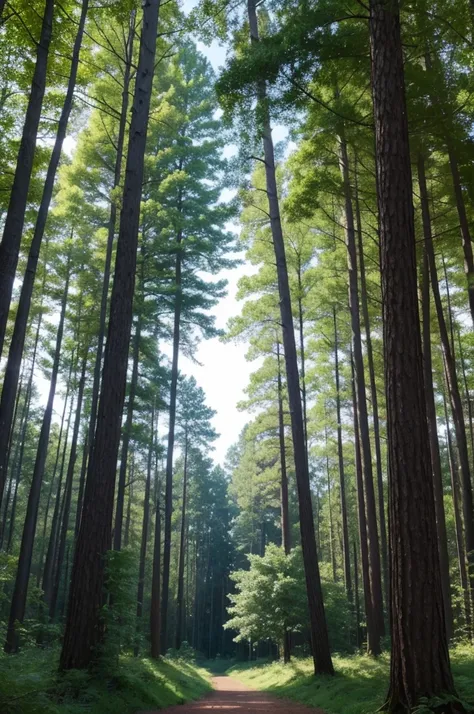 Forest with lots of trees and a big blue moon coming out from behind the trees