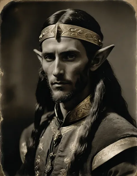 (((Masterpiece, daguerreotype on old paper, monochrome))), by Moebius, by Théodore Géricault, the composition is: ((25 year old male Babylonian high elf scientist, elf ears, Mesopotamian beard, sullen, arrogant, magnificent, he is wearing futurist brass ar...