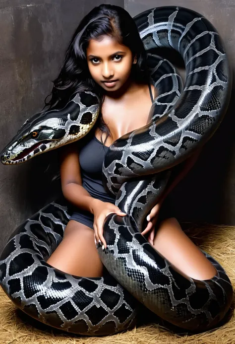 happy horny, aroused 1girl), beautiful kneeling indian young teen girl  with  giant colossal black anaconda monster  squeezing h...