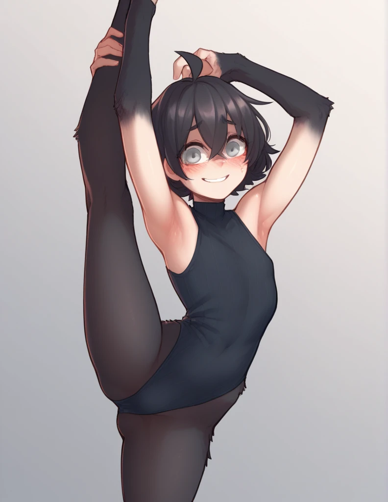 1 girl, alone, ppka, black fur, short hair, messy fur, Ahoge, parts, parts por todo el cuerpo, grey eyes, blind, cute smile looking at the viewer, embarrassed look, blushing,
Arms raised, visible armpits, visible chest part, part of the side of the exposed...