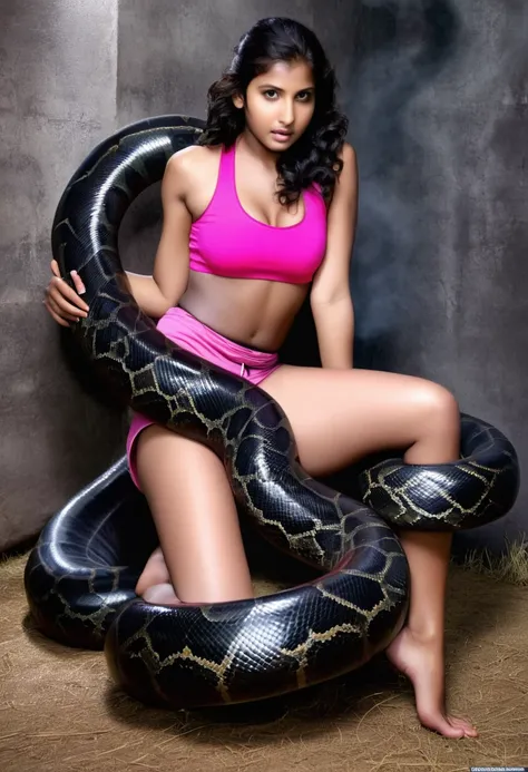 Pink sport shorts Happy Horny, aroused 1girl), beautiful kneeling Indian young teen girl  with  giant colossal black anaconda monster  squeezing her hard, wrapped in thick spiraling coils, constricted, struggle, gasping for air, snake attack, snake peril, ...