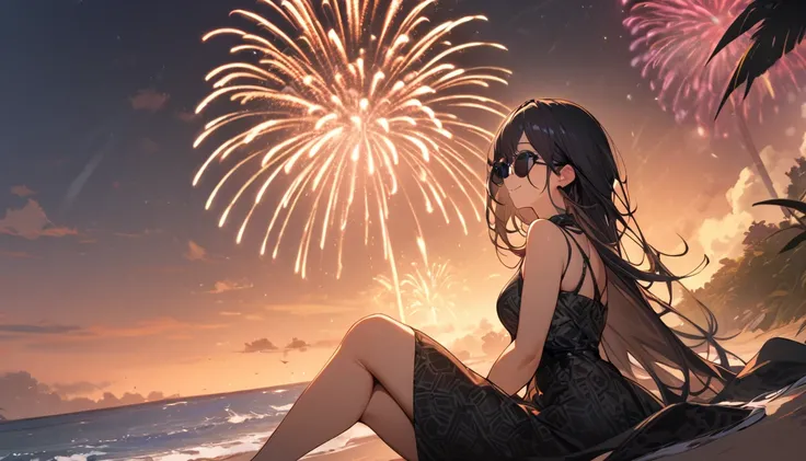 1girl from afar, expressive eyes, sunglass, smile, black patterned clothes dress, contemplate the sky, big beach with fireworks in the sky in background, detail richness, masterpiece, best quality 