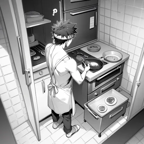 punctuation_9, punctuation_8_High above, punctuation_7_High above, punctuation_6_High above, punctuation_5_High above, punctuation_4_High above,
  back resistance, monochrome, greyscale, style parody, BREAKING in the kitchen, souma_yukihira, male focus, st...