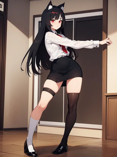 1girl ,The twenties,Sexy face,White shirt,Short black skirt,Long socks,Mediation ,Red poetry,long hair,Red eyes,Cat ears,Standing,classroom, arousing