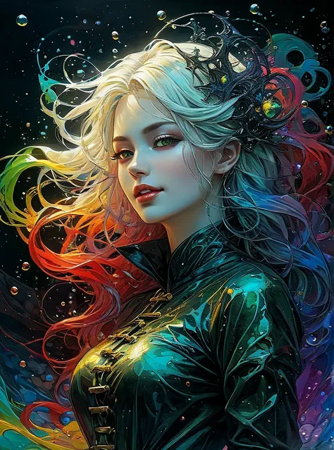 a Girl, laughing, Colorful colors, surrounded by water bubbles, in the style of Kawacy, Masterpiece, Oil painting drawn in anime style, head close - up, exaggerated perspective, Tyndall effect, water drops, mother - of - pearl iridescence, Holographic whit...