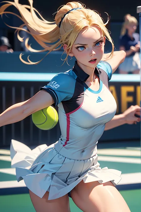 A beautiful mid-twenties woman with long, blonde hair up in a bun. She has big breasts and blue eyes and delicate features, with a confident and dominant expression. She is playing tennis and is in a dynamic pose, striking at the ball with intensity. The b...