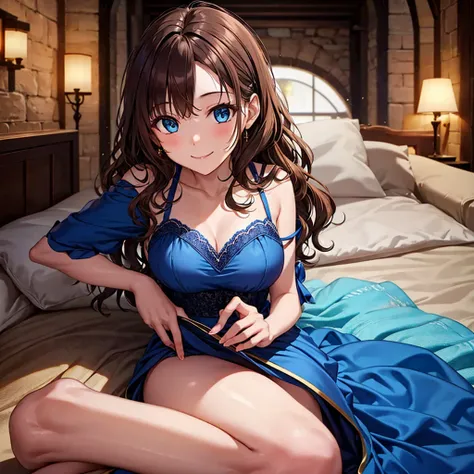 girl with wavy chestnut hair。blue eyes。A glamorous figure of a 15-year-old、Wearing a blue medieval dress。Bright smile。頭にリボン