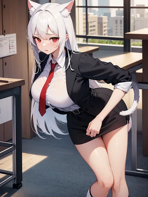  female teacher,Sexy face,White shirt,Short black skirt,Long socks,Mediation ,Red poetry,long hair,Red eyes,Cat ears,Standing,classroom, arousing