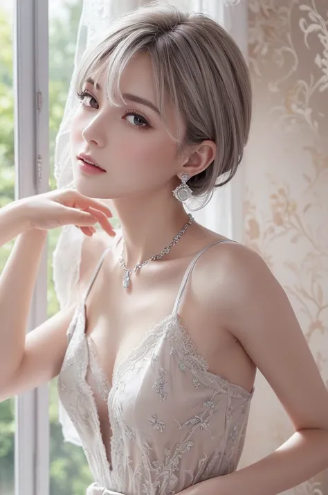 silver lace thong&Good,  (((Very elegant and beautiful, Perfect detail, Super detailed))), whole body, The most detailed girl, Depth of written boundary, 美しく詳細なwhole body, Thin legs, 1 girl, 30 years old, Very short hair, Spiked Hair, Gray and silver hair,...