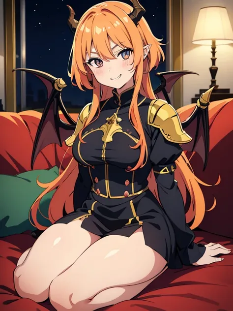 (2 demon girl), (beatiful eyes finely detailed, face to detail, light orange hair color, toothy smile, have dragon horns, have dragon wings), (full body:0.8), knight armored, blush on their face, contemptuous facial expression, sit on the sofa,, middle age...