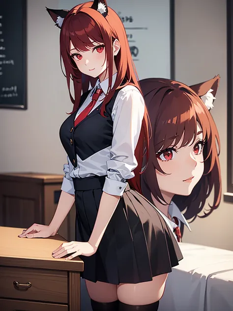 A beautiful female teacher, detailed realistic face, white shirt, short black skirt, thigh-high socks, redhead, long hair, red eyes, cat ears, standing, classroom setting, erotic