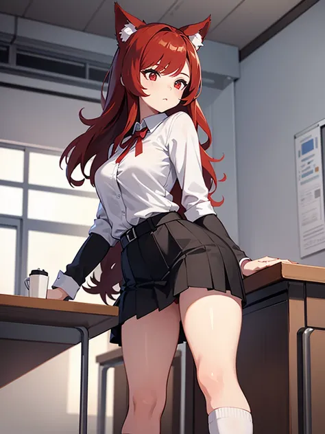 A beautiful female teacher, detailed realistic face, white shirt, short black skirt, thigh-high socks, redhead, long hair, red eyes, cat ears, standing, classroom setting, erotic