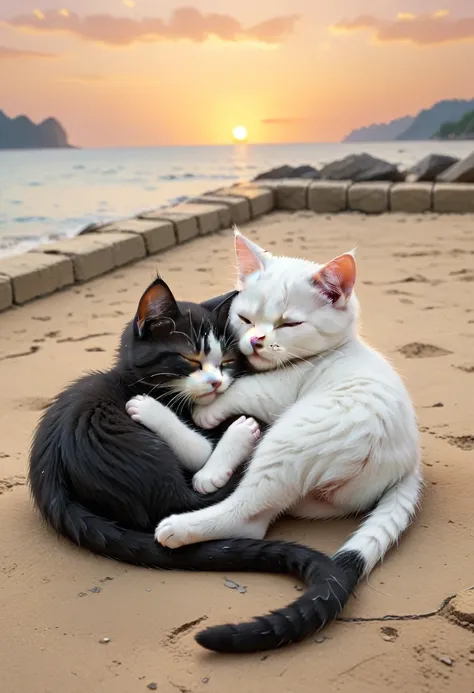 With the sunset in the background,(masterpiece:1.2, high quality), Sleeping together２Kittens、