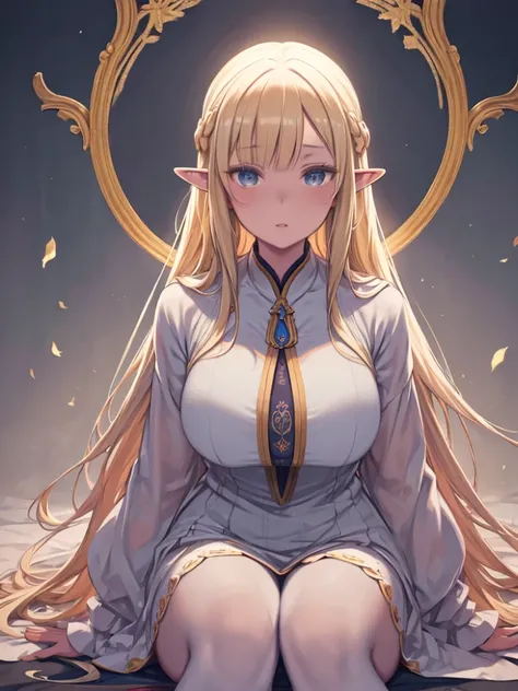 Blonde Elf，A gentle and mature wife，Huge ，Long white hair，Long golden things were scattered behind her.，The face of a human wife，Wear conservative casual clothing，Wear white stockings