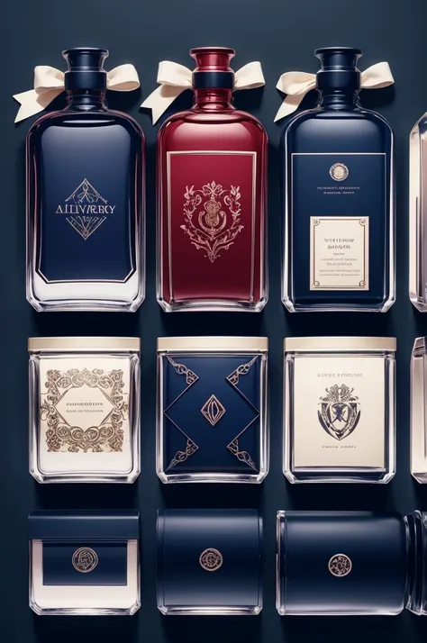 Make perfume packaging inspired by the Ilvermorny school in dark blue or red 