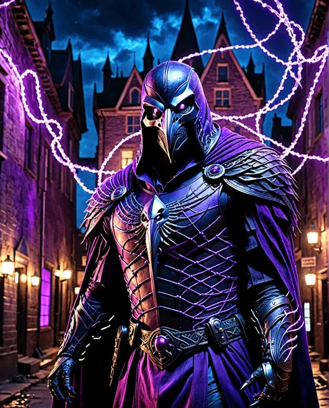  
(extremely detailed 8k wallpaper), a medium shot photo of scary  Grim dressed as a purple raven-man in an armour made of purple glowing wires from marvel, theme, intricate, high detail, dramatic, old scary building  with a huge raven in the background 