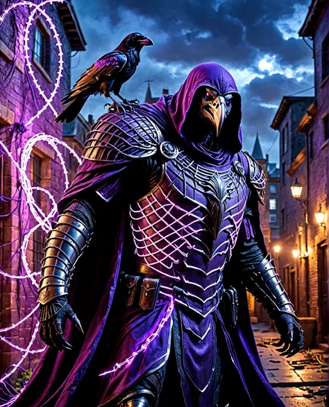  
(extremely detailed 8k wallpaper), a medium shot photo of scary  Grim dressed as a purple raven-man in an armour made of purple glowing wires from marvel, theme, intricate, high detail, dramatic, old scary building  with a huge raven in the background 