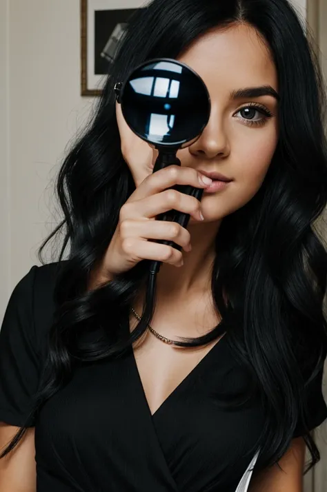 Woman with a magnifying glass in her hand dressed in a black dress she has long wavy black hair 