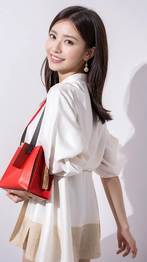 side body woman with chinese inscription at a festival, she is holding a gift bag in her hand in front of her, she is smiling, shoot on white background, png, standing in front of pure white Background cloth of studio, holding luxurious, side body, look aw...