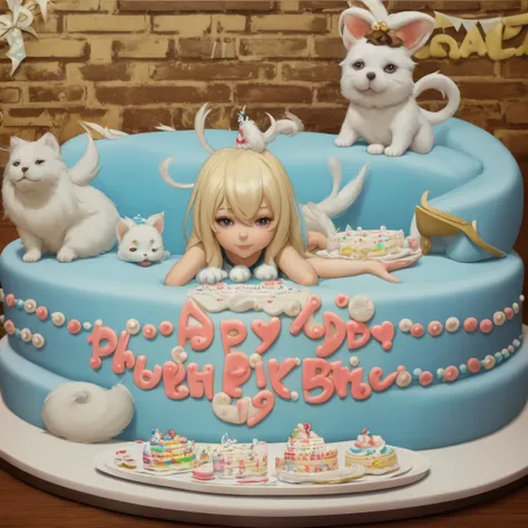 The woman is sitting on the sofa with a small white Pomeranian crawling on her lap, in front of a birthday cake, Making a wish for birthday cake, Celebrating Her Birthday, she is around 16 years old, Caucasian skin, Delicate facial features