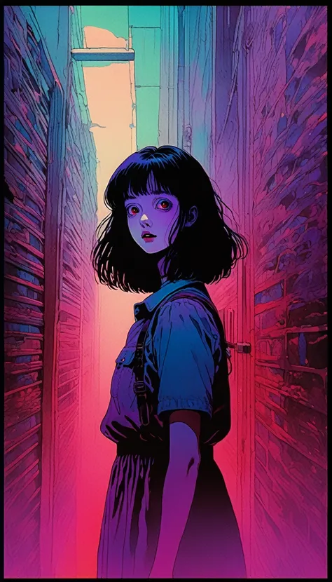 illust、art、from 80s horror movie, directed by Junji Ito、nightmare、high detail, realsitic shadow、Analog style, vhs style, 8mm film, chromatic aberration, Dvd screengrab、Blue-purple and red-purple gradation、Surrealism