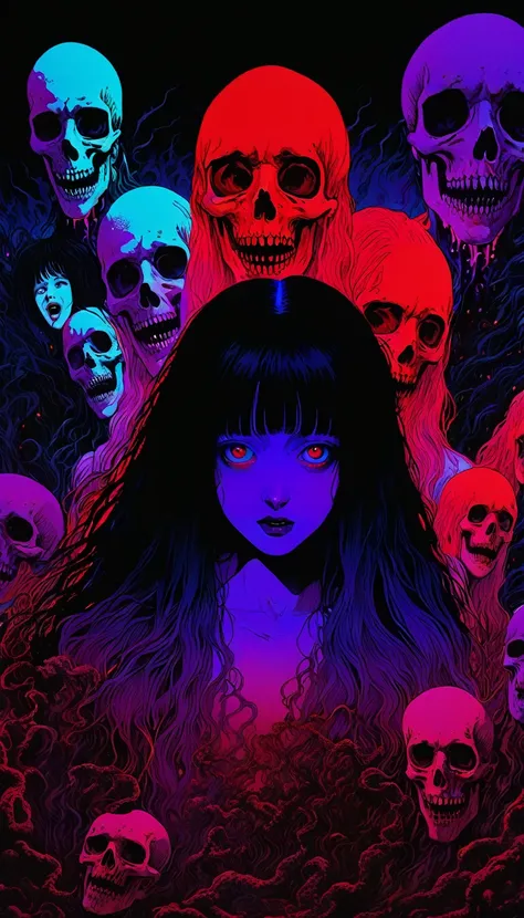 illust、art、from 80s horror movie, directed by Junji Ito、nightmare、high detail, realsitic shadow、Analog style, vhs style, 8mm film, chromatic aberration, Dvd screengrab、Blue-purple and red-purple gradation、Surrealism