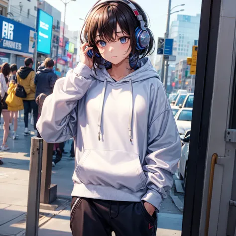 A person wearing a hoodie and listening to music
