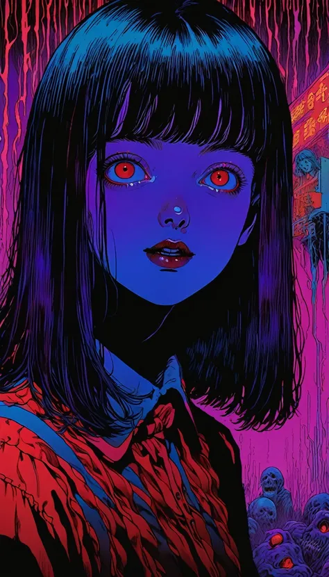 illust、art、from 80s horror movie, directed by Junji Ito、nightmare、high detail, realsitic shadow、Analog style, vhs style, 8mm film, chromatic aberration, Dvd screengrab、Blue-purple and red-purple gradation、Surrealism