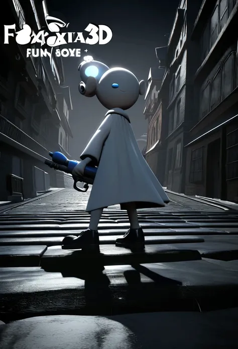 Disney style cinema cape / Pixar 3d title "fun 4" a white emotion shaped character with tie and black shoes walking out of a dark street holding a water gun.