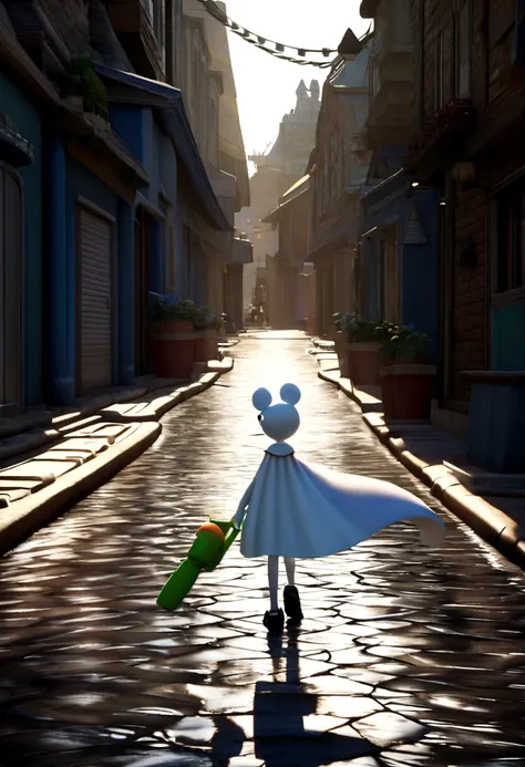 Disney style cinema cape / Pixar 3d title "fun 4" a white emotion shaped character with tie and black shoes walking out of a dark street holding a water gun.