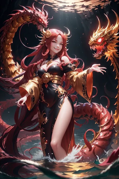  anime with long hair and red dress standing in the water with a big golden dragon, 4K anime art wallpaper, 8K anime art wallpaper, anime fantasy artwork, 4k fantasy artwork, 坏蛋动漫8 K, epic anime art, detailed art of onmyoji, anime fantasy illustration, ins...