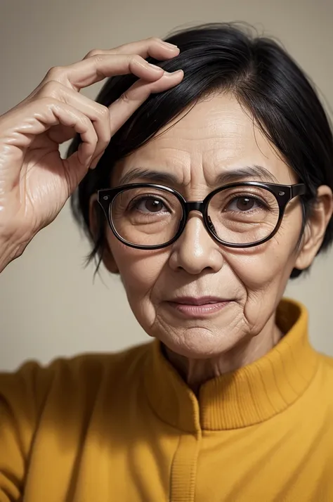 elderly, short-hair, blackquality hair, glasses, yellow skin