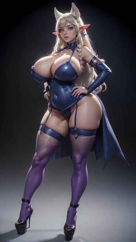 (Big breast, big hips, witch outfit, big witch hat, stockings, elf ears, elf, albino skin,puffy lips, painted lips, thick lips, blue eyes, Peep-toe ankle strap platform heel shoes),doggirl, big breasts, frontal, full-length, looking at the camera, facing t...