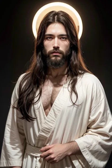 “Generate an image of Jesus Christ with long, dark hair, a full beard, a medium complexion, and wearing a simple, light-colored robe.”