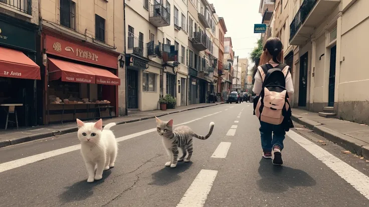 I have two kittens, cute猫, cute子猫, cute, 信じられないほどcute, 愛らしくてcute, And cute and adorable. They are walking down the street with backpacks on., Walk together, commute, Walking proudly down the street, And the cat is walking. They are cute in the style of 🍂 a...