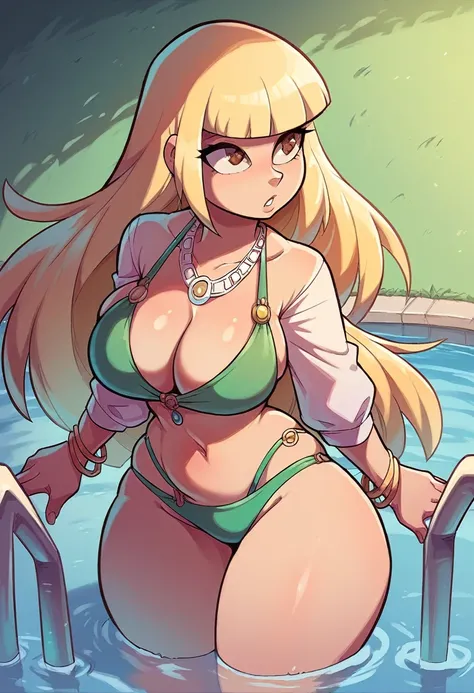 blonde hair, brown eyes, long hair, blunt bangs, sidelocks, lady  big breast, wide hips, big thighs, , curvy hips, curvy, necklace, bracelet, bracelet sleeves, green bikini ,swimming pool